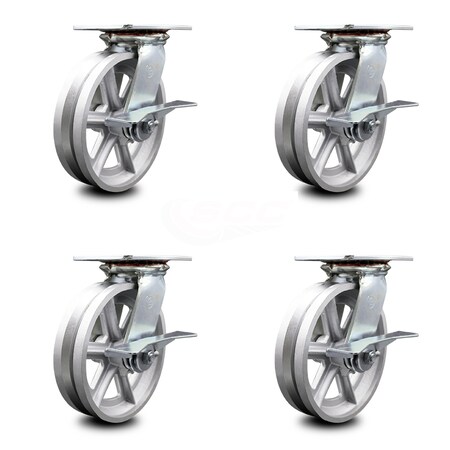 Service Caster 8 Inch Heavy Duty V Groove Semi Steel Caster Set with Roller Bearings and Brakes SCC-35S820-VGR-SLB-4